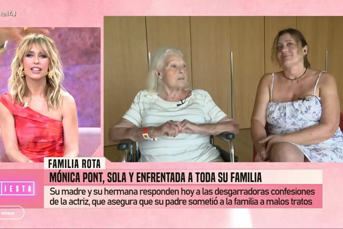 A la imatge hi apareix Emma García amb un vestit vermell asseguda en un plató de Fiesta, mentre en una altra part de la pantalla es mostra una dona gran en cadira de rodes i una altra dona asseguda al seu costat, totes dues en una habitació amb fons de fusta, al costat d’un titular sobre conflictes familiars. A la imatge hi apareix Emma García amb un vestit vermell asseguda en un plató de Fiesta, mentre en una altra part de la pantalla es mostra una dona gran en cadira de rodes i una altra dona asseguda al seu costat, totes dues en una habitació amb fons de fusta, al costat d’un titular sobre conflictes familiars.