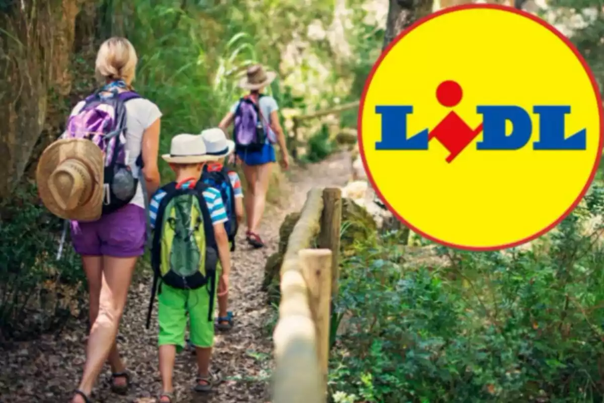 Persones caminant per un corriol en un bosc amb el logotip de Lidl superposat.