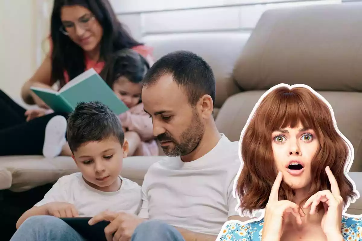 Imatge de fons d´una família amb una dona i un home i un nen i una nena asseguts en un sofà i mirant una tauleta i un llibre, i una altra imatge d´una dona amb cara de sorpresa en primer pla