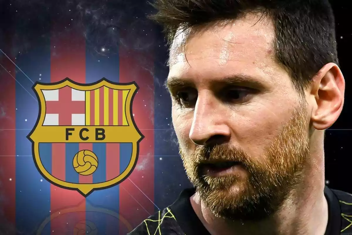 Muntatge de Leo Messi amb l'escut del Barça de fons