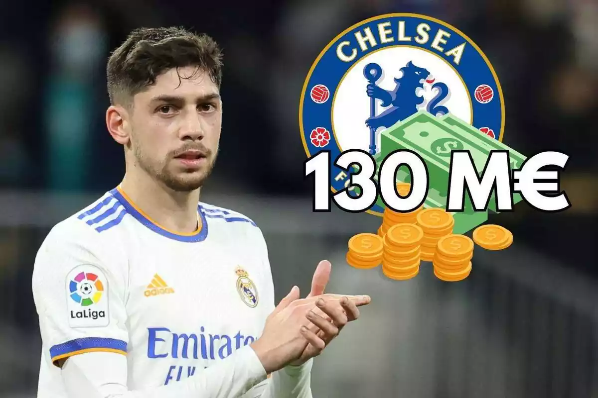 Fede Valverde with a serious face next to the Chelsea shield and a drawing of 130 million euros Fede Valverde with a serious face next to the Chelsea shield and a drawing of 130 million euros