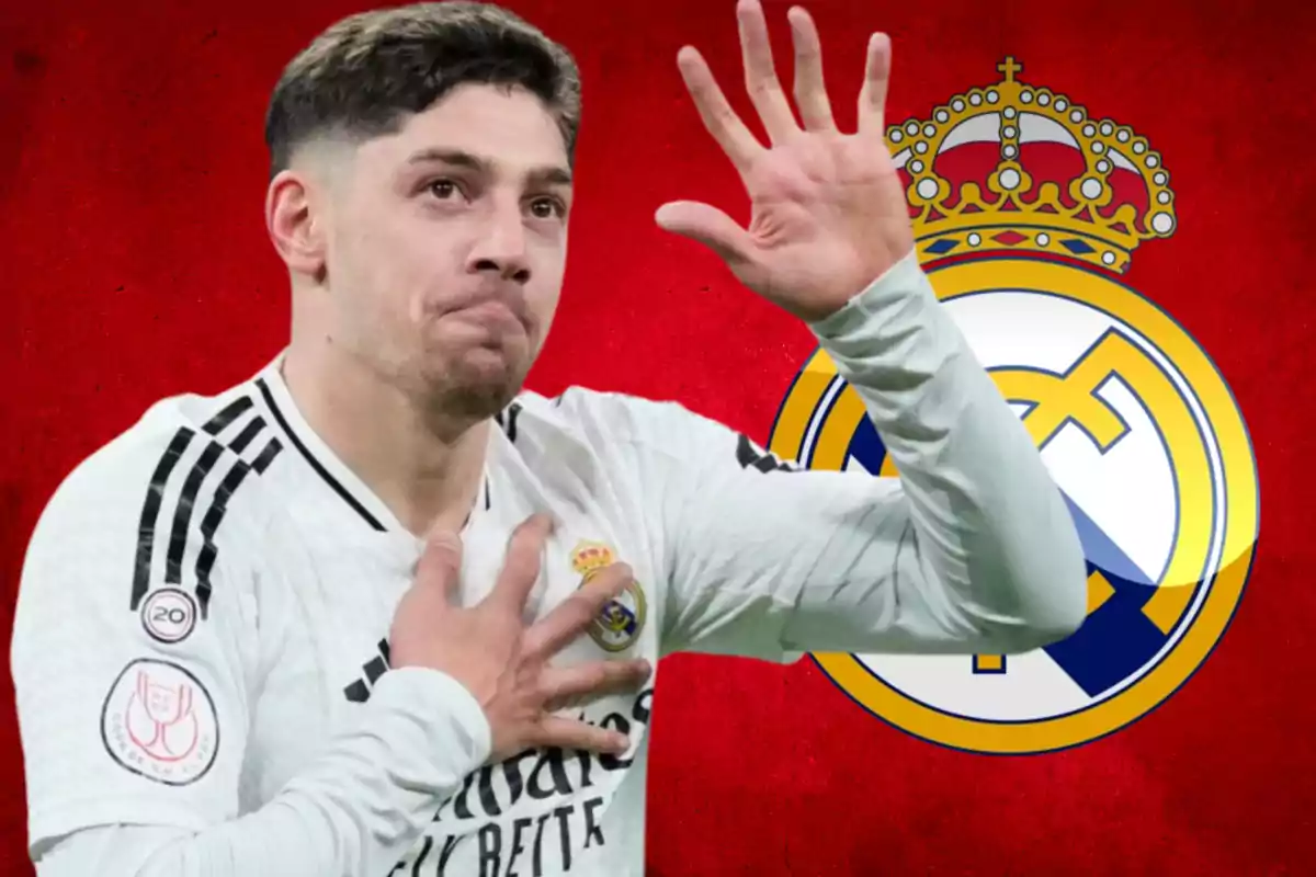 Un jugador de fútbol con el uniforme del Real Madrid hace un gesto con la mano frente a un fondo rojo con el escudo del equipo.