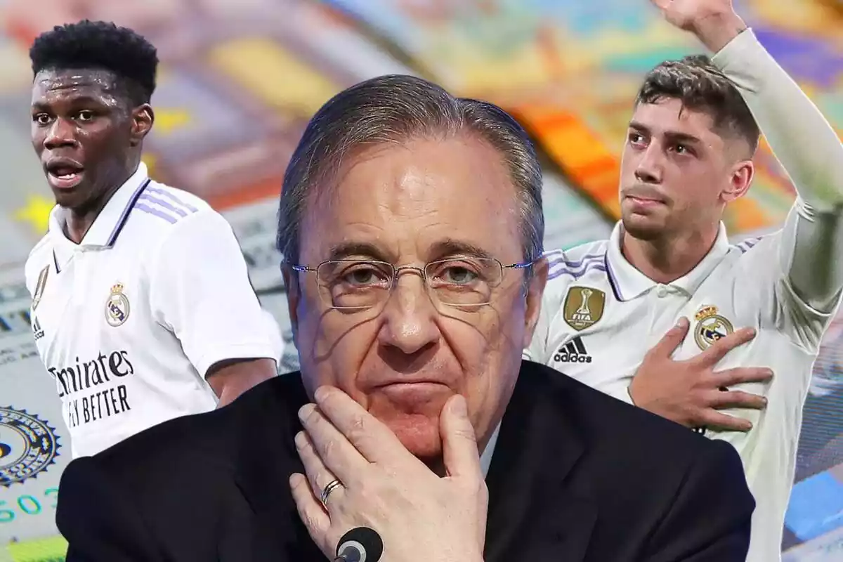 Florentino Pérez in the middle of Aurélien Tchouaméni and Fede Valverde