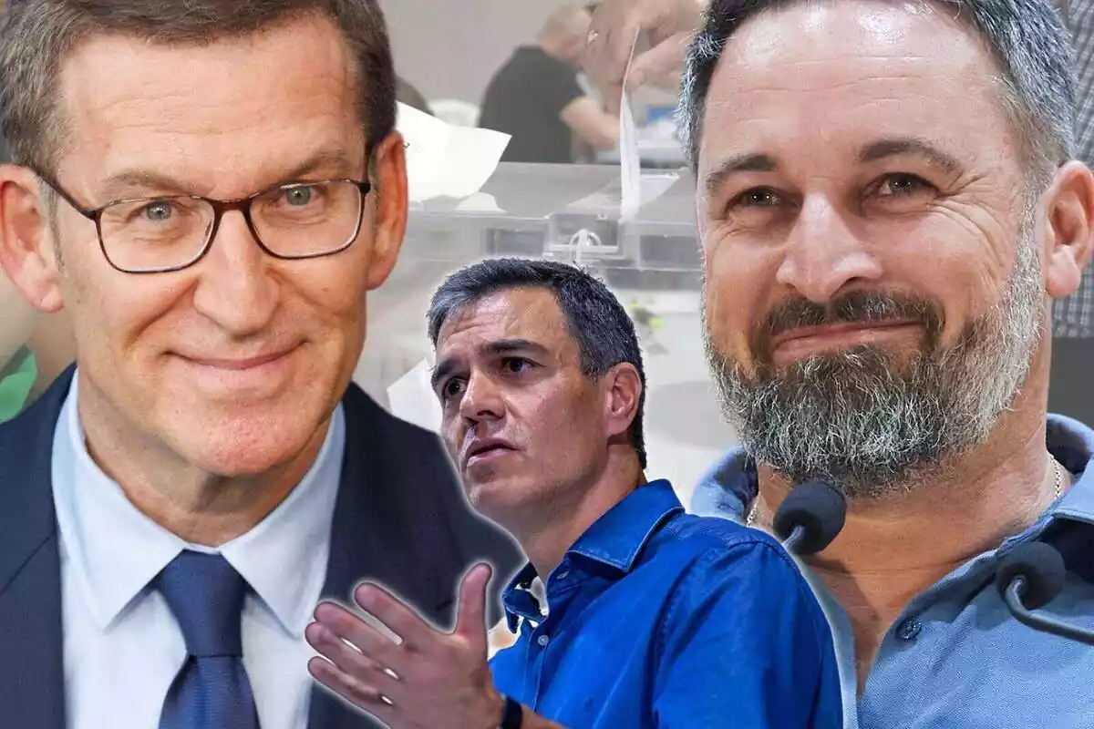 Muntatge amb dos plans mig curts grans d'Alberto Núñez Feijóo i Santiago Abascal somrient i un altre de més petit de Pedro Sánchez amb cara de preocupació