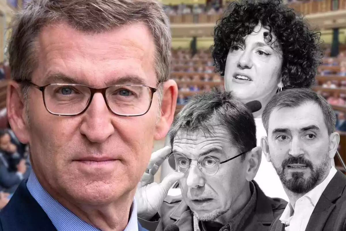 Muntatge amb un primer pla d'Alberto Núñez Feijóo mirant a càmera i tres primers plans en blanc i negre d'Aina Vida, Juan Carlos Monedero i Ignacio Escolar