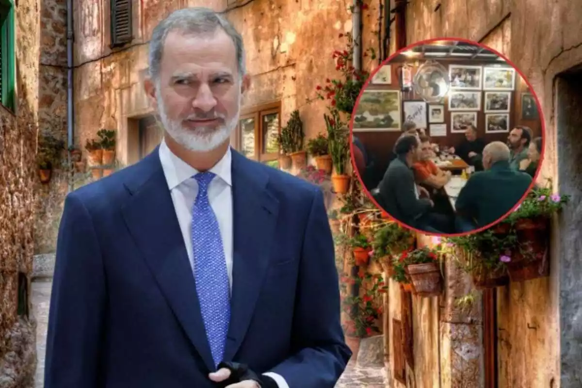 El rei Felip VI sobre un fons d'un carrer de Mallorca ia la dreta un cercle vermell amb un bar ple de clients i imatges
