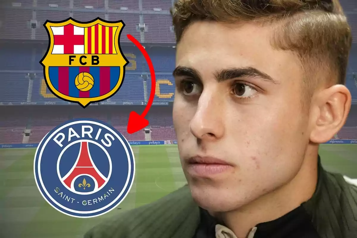 Un jove amb expressió seriosa apareix en primer Pía mentre els logotips del FC Barcelona i el París Saint-Germain es mostren al fons amb una fletxa vermella que connecta tots dos escuts.