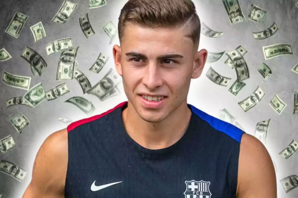 A young man in a black sports jersey with red and blue details, with a background of floating bills.