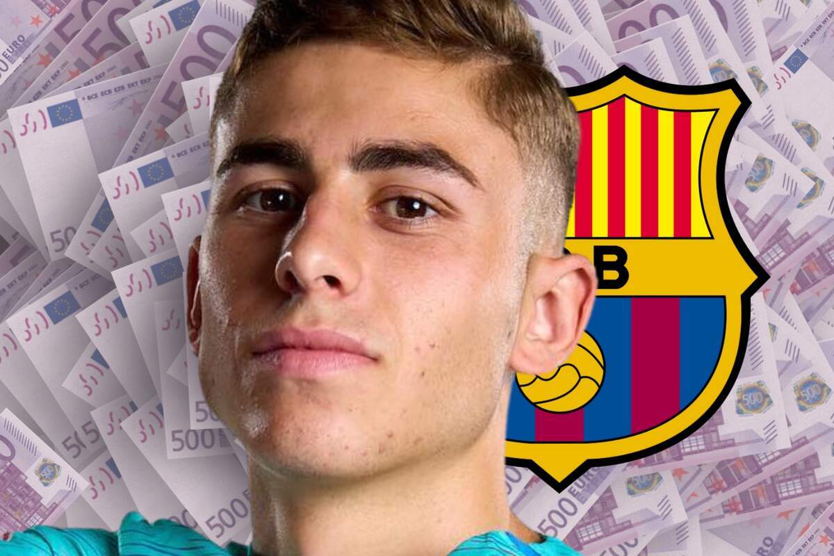 Fermín López en primer pla mirant a cambra amb bitllets de 500 euros al fons i l'escut del FC Barcelona