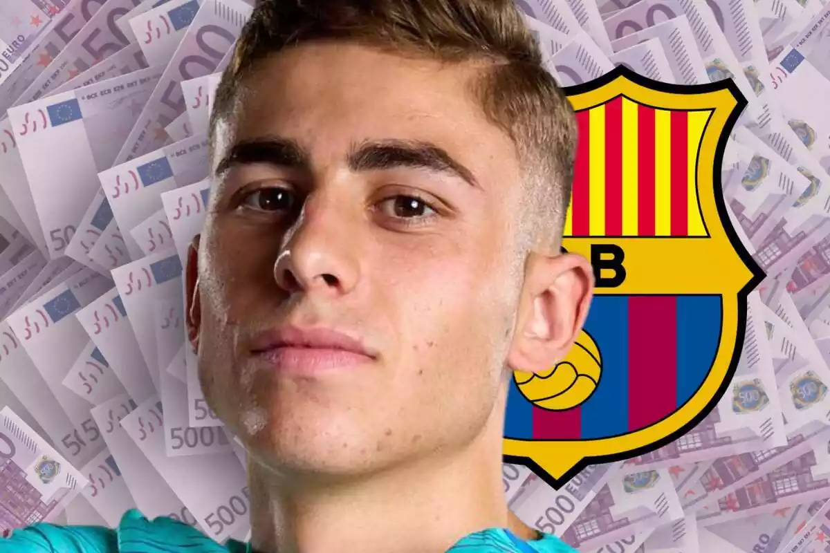 Fermín López en primer pla mirant a cambra amb bitllets de 500 euros al fons i l'escut del FC Barcelona