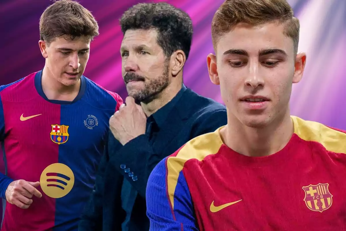 Three people, two wearing FC Barcelona jerseys and one in the center in a dark suit, against a background with purple and pink tones.