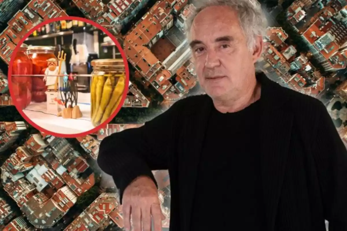 Ferran Adrià sobre un fons de barcelona i al seu costat un cercle vermell amb una taula amb pots de conserves i un ninot marí