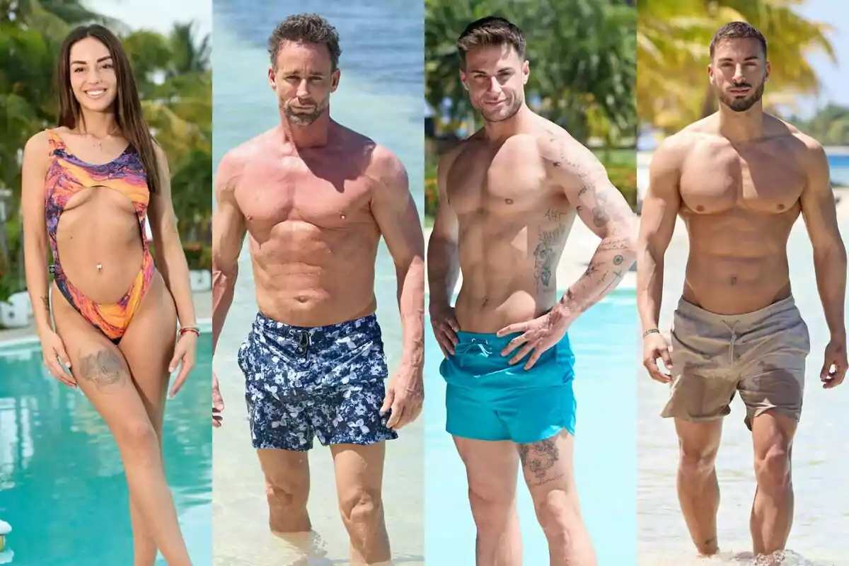 Anita, Montoya, Escassi i Borja posen en banyador al costat d’una piscina i el mar, amb palmeres al fons.