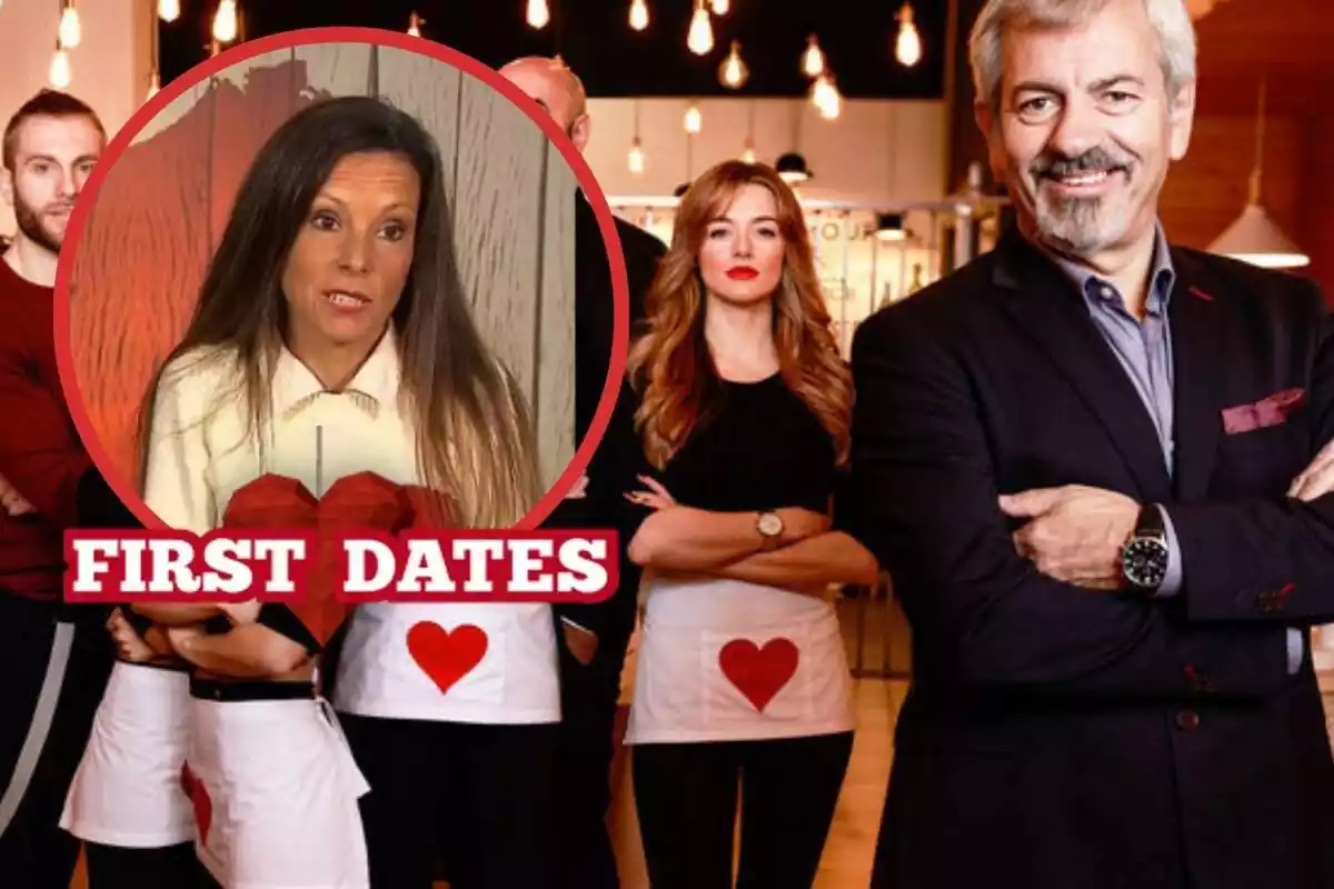 Carlos Sobera i l'equip de first dates amb un cercle amb una dona