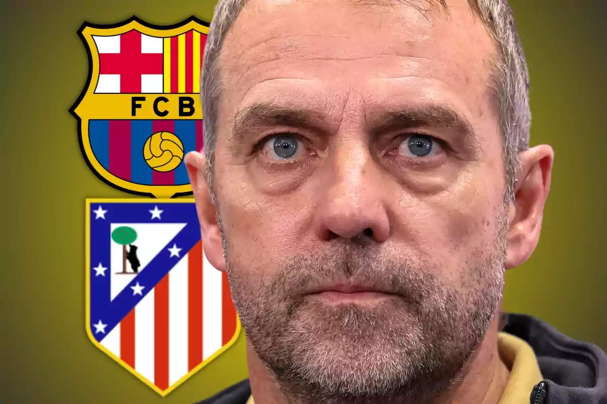 Un home amb expressió seriosa davant dels escuts del FC Barcelona i Atlètic de Madrid.