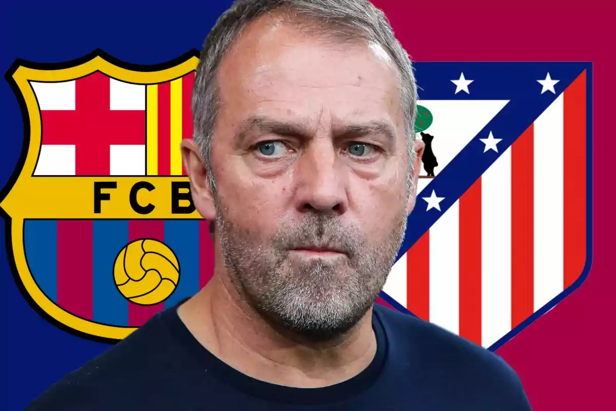 Un home amb expressió seriosa davant dels escuts del FC Barcelona i Atlètic de Madrid.