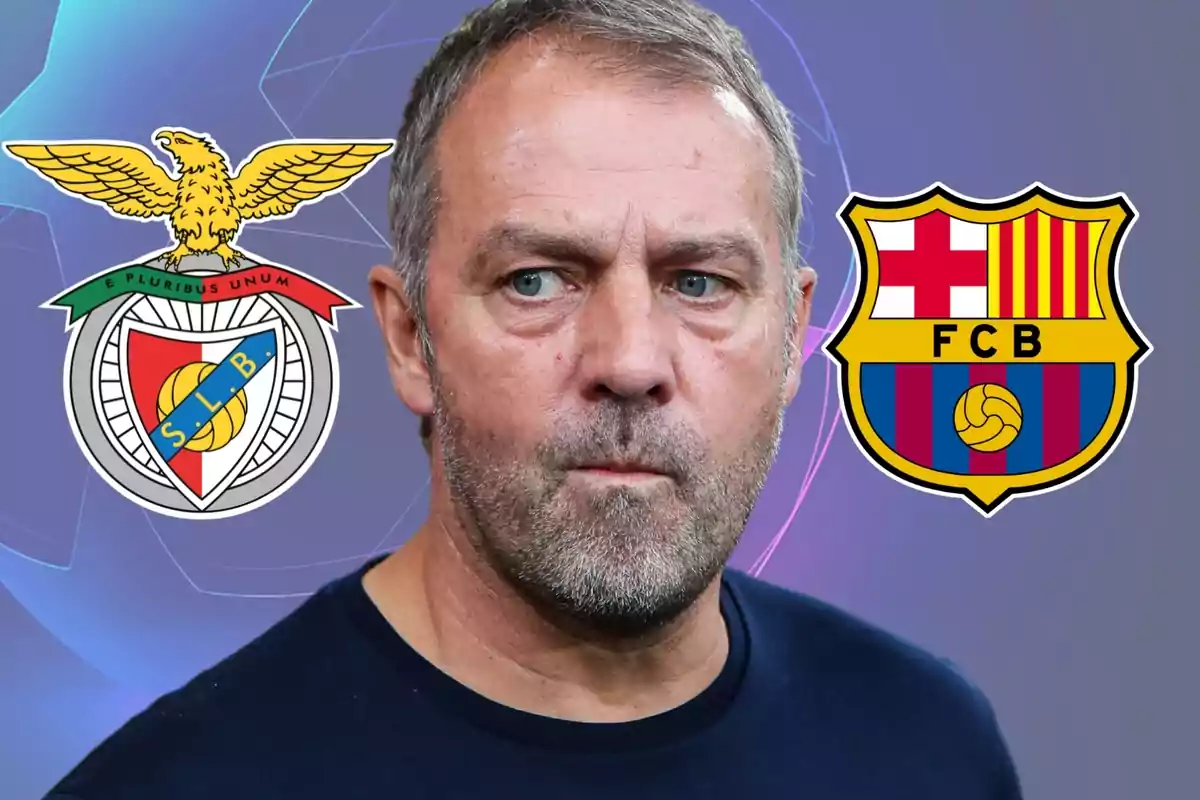 Un hombre con expresión seria está en el centro de la imagen, flanqueado por los escudos de los equipos de fútbol Benfica y Barcelona sobre un fondo azul.