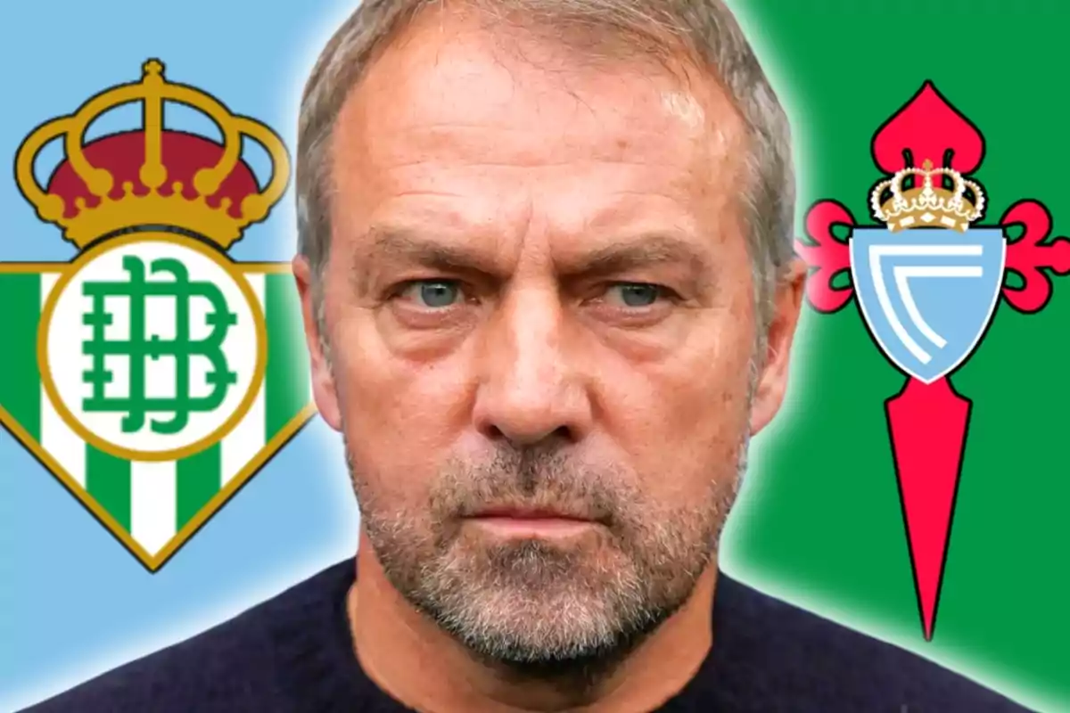 Un hombre con expresión seria está en el centro de la imagen, con el escudo del Real Betis a la izquierda y el escudo del Celta de Vigo a la derecha.