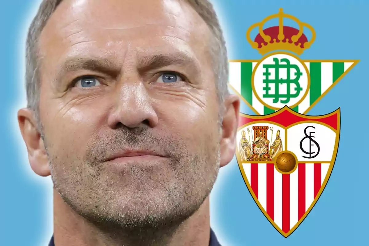 Un home de cabell curt i canós apareix en primer pla amb els escuts del Real Betis i el Sevilla FC al fons sobre un fons blau.