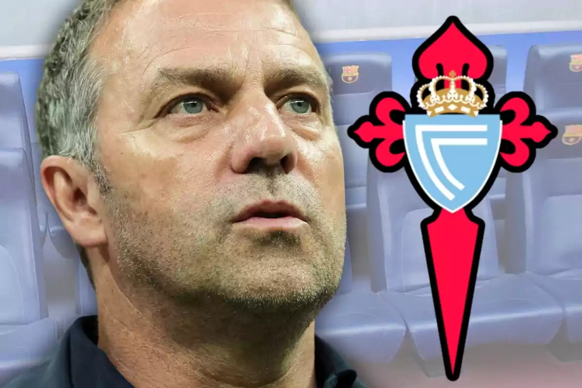 Un home amb expressió seriosa al costat de l?escut del Celta de Vigo sobre un fons de seients d?estadi.