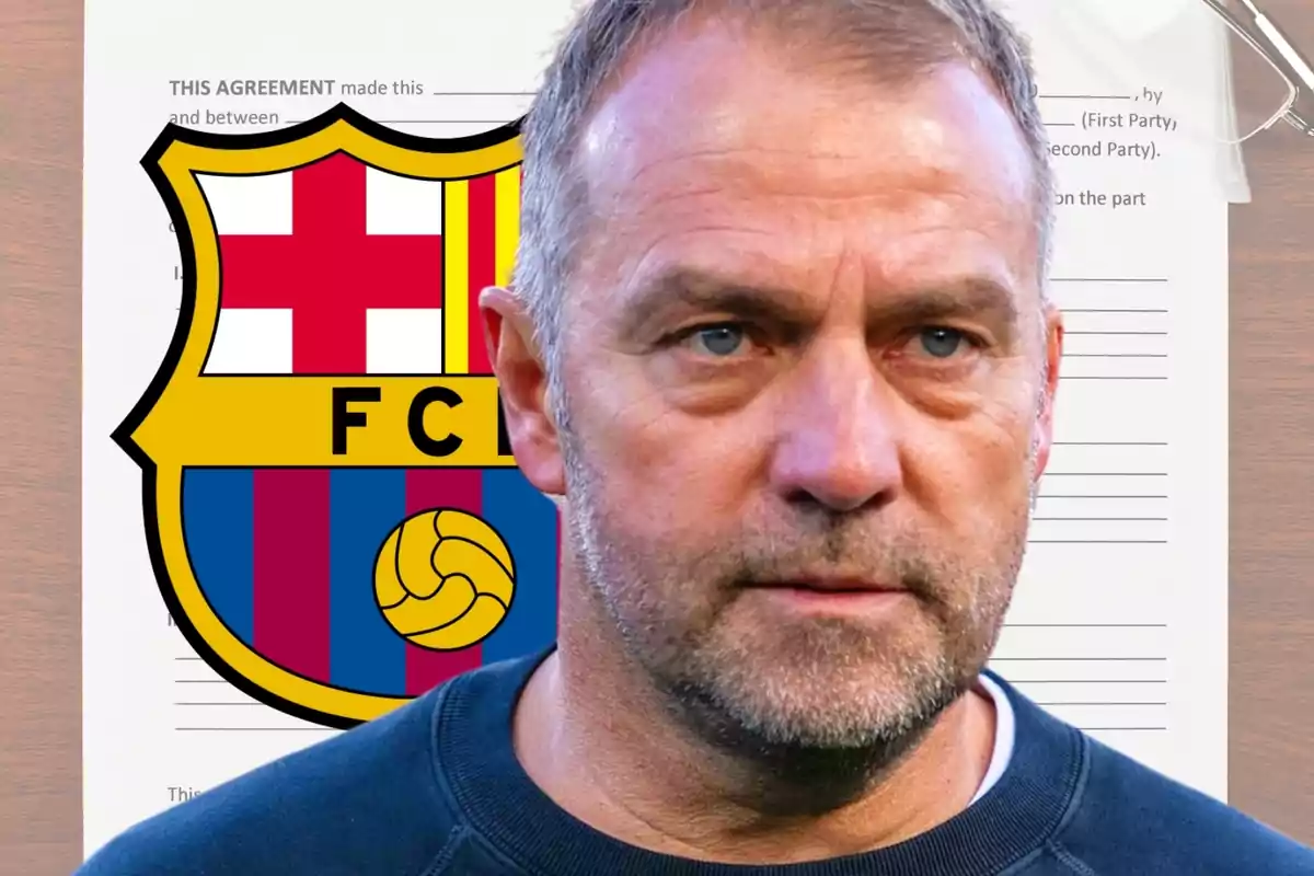 A man in front of an FC Barcelona shield and a document.