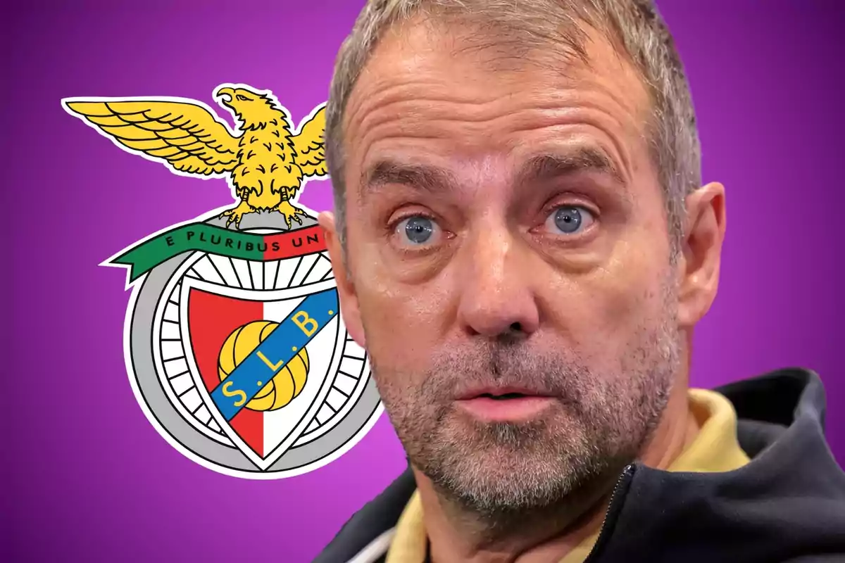 A man with a serious expression in front of the Benfica football club crest on a purple background.