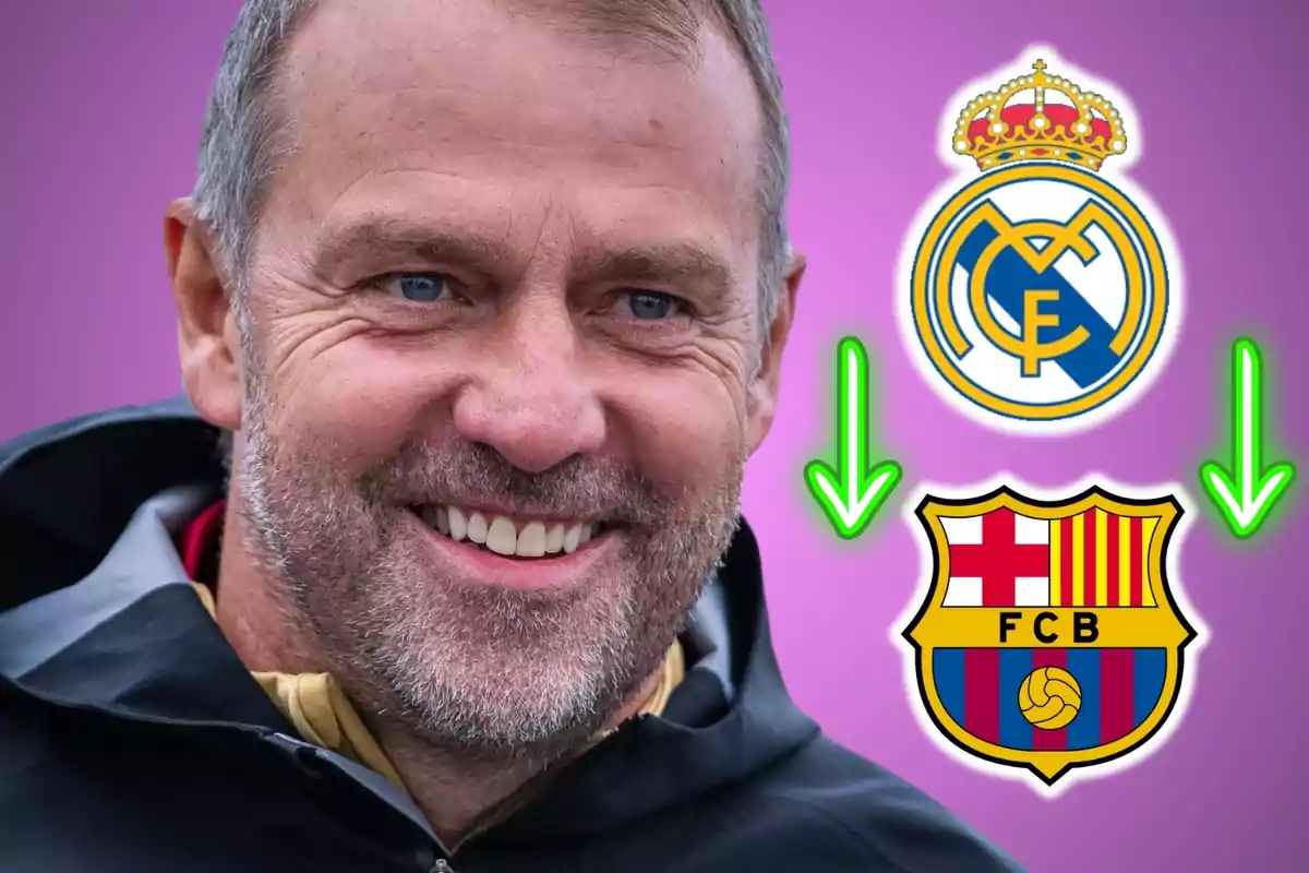 Un hombre sonriente con los escudos del Real Madrid y el FC Barcelona junto a flechas verdes.