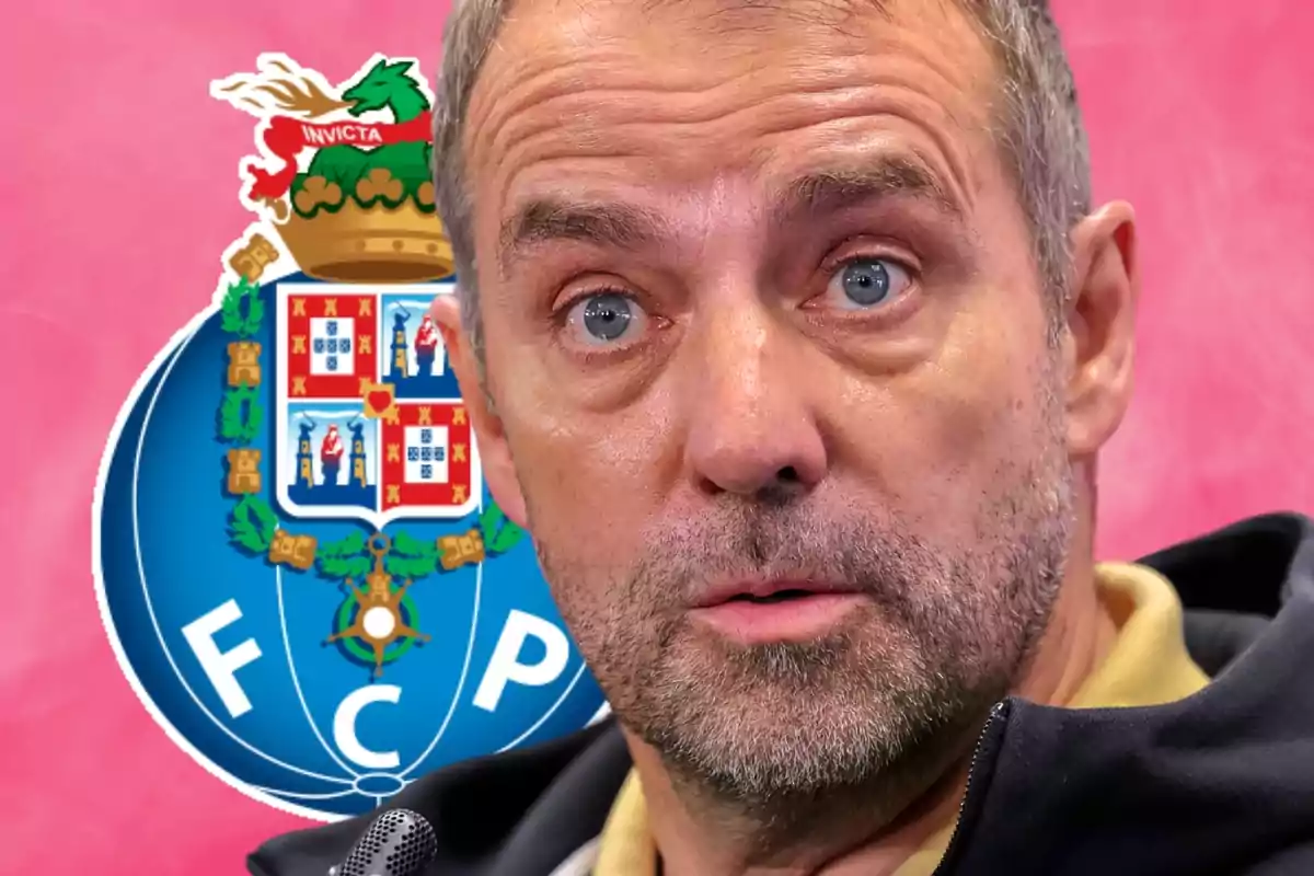 Home de mitjana edat amb barba i expressió seriosa davant de l’escut del club de futbol Porto sobre un fons rosa