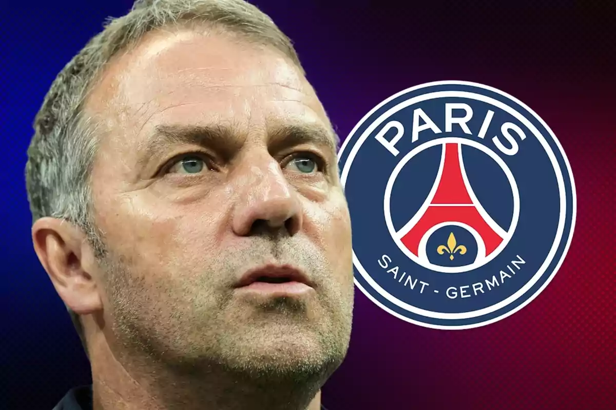 Home amb cabell canós i barba incipient davant del logo del Paris Saint-Germain.