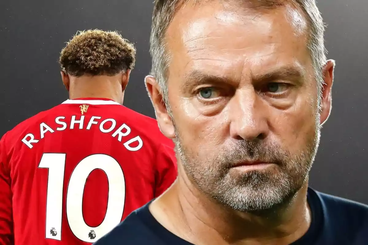 Un jugador de fútbol con la camiseta número 10 y el nombre "Rashford" en la espalda está de espaldas, mientras que un hombre de cabello corto y barba aparece en primer plano mirando hacia adelante.