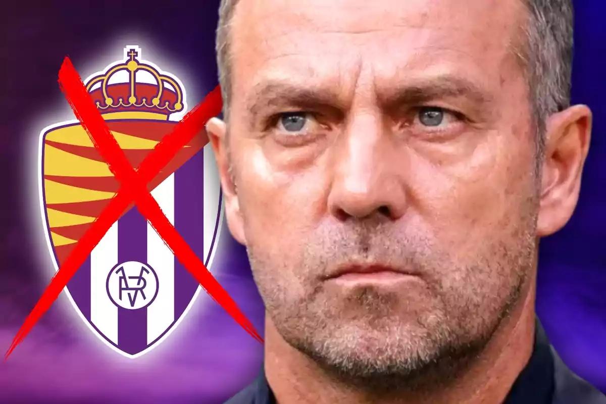 Un home amb expressió seriosa apareix al costat de l'escut del Real Valladolid, el qual està titllat amb una gran X vermella.