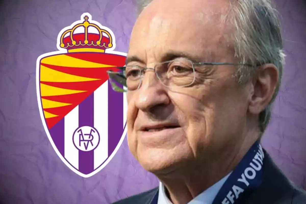 Home amb ulleres i cabell canós davant de l'escut del Real Valladolid.