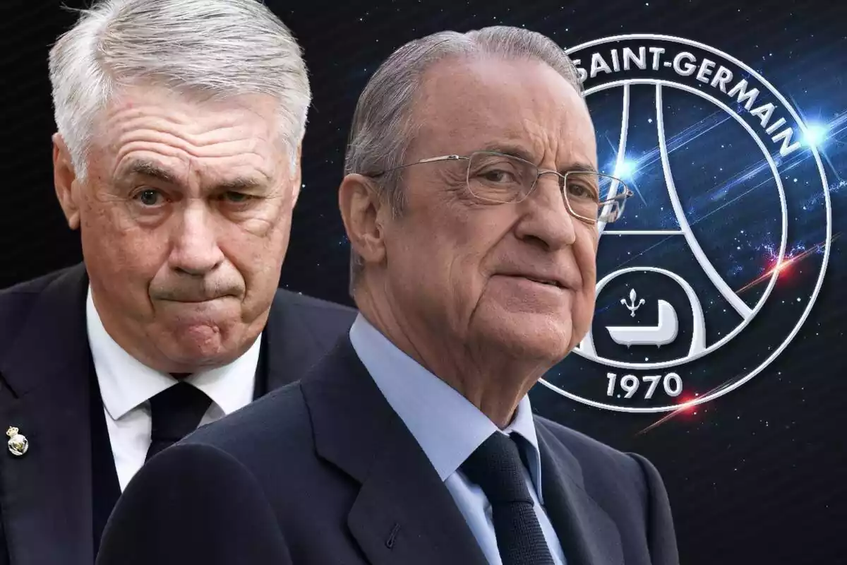 Florentino Pérez i Carlo Ancelotti preocupats davant un escut del PSG