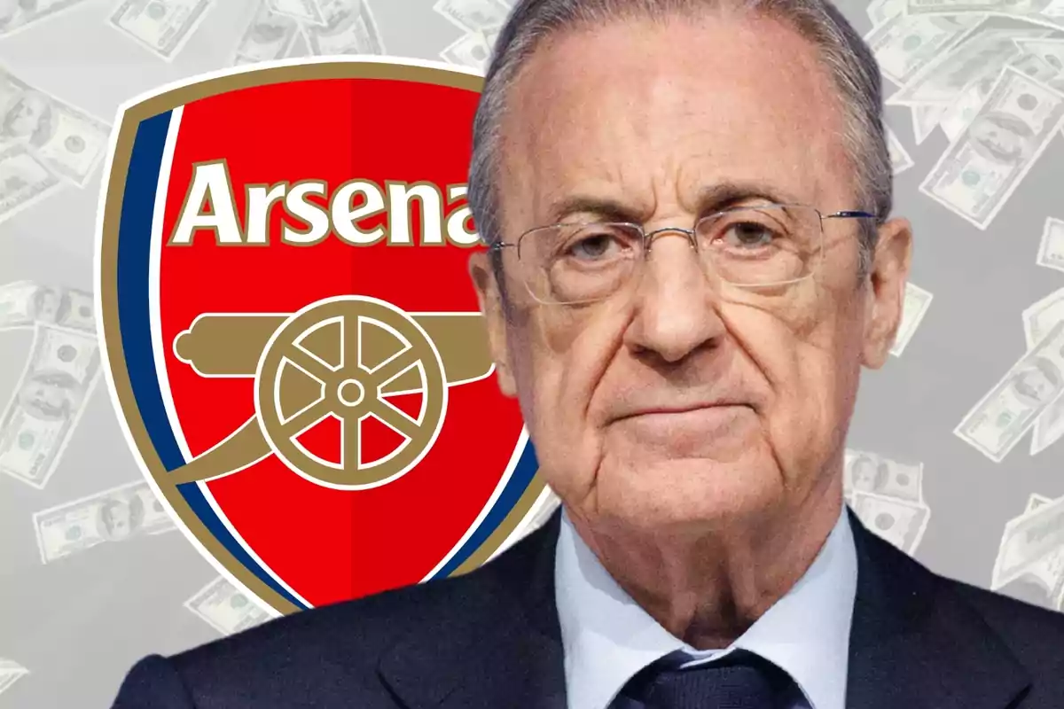 Home de cabells canosos i ulleres davant de l’escut de l’Arsenal amb bitllets de fons