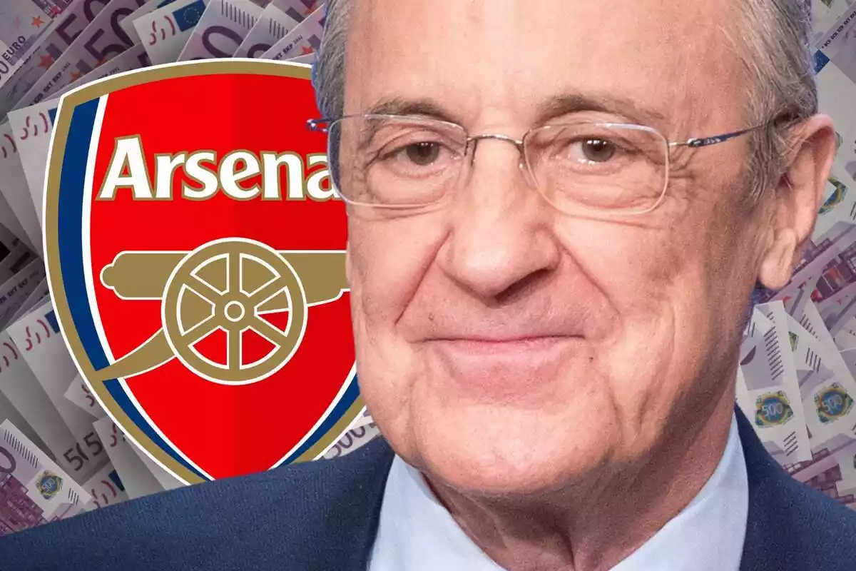 Florentino Pérez mirant al capdavant amb l'escut de l'Arsenal al costat i molts bitllets de 500 euros al fons