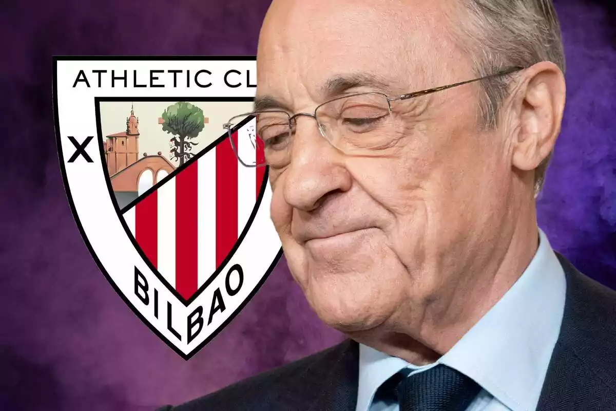 Florentino Pérez mirant a un costat a l'escut de l'Athletic Club de Bilbao