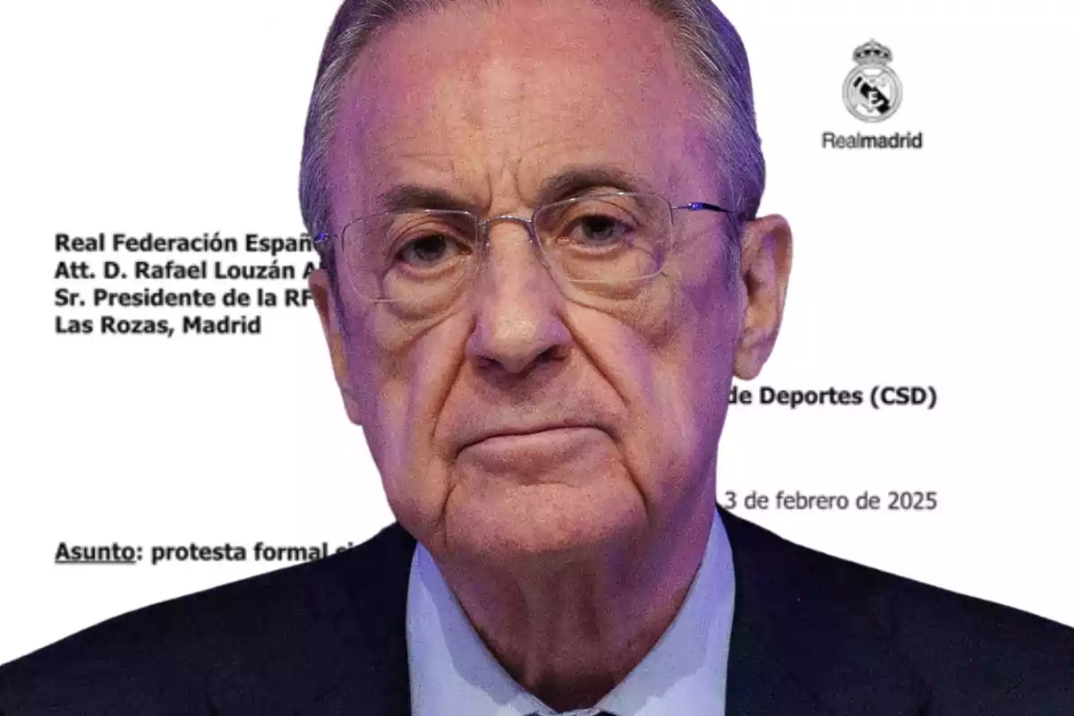 Un hombre mayor con gafas aparece frente a un documento oficial con el logotipo del Real Madrid.