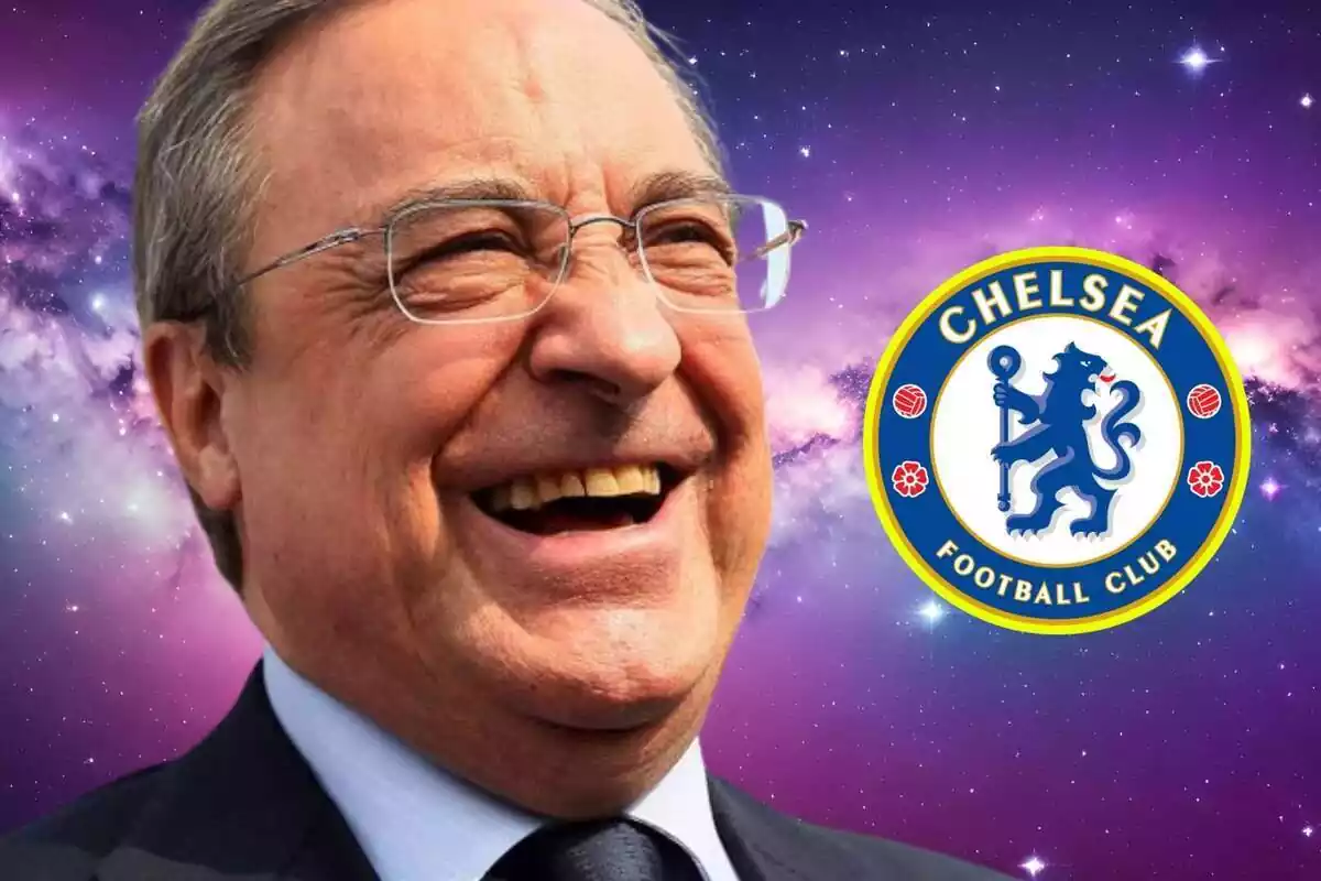 Florentino Pérez riendo junto a un escudo del Chelsea sobre una imagen de la galaxia