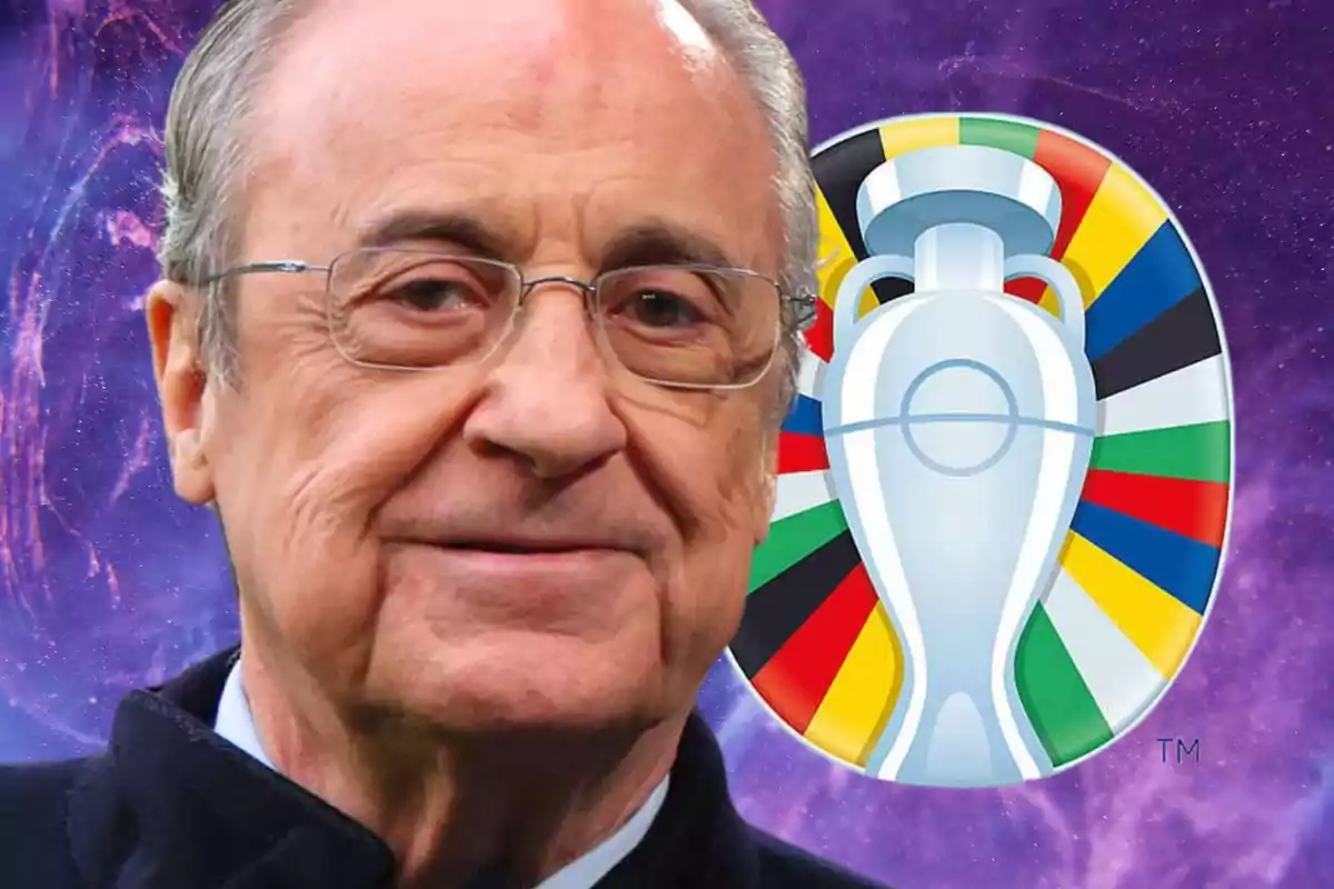Un home gran amb ulleres davant d'un fons morat i el logo de l'Eurocopa.