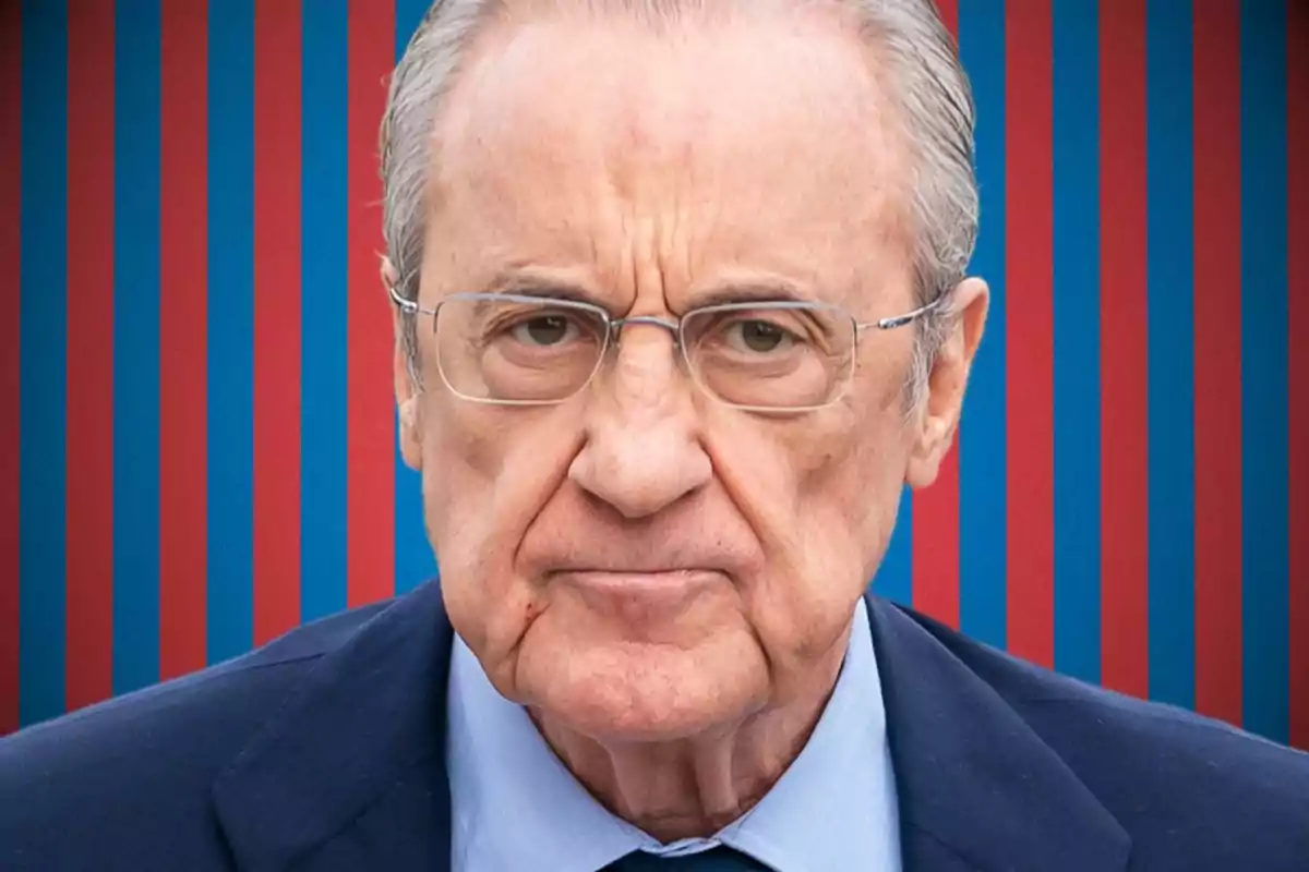 An older man with glasses and a serious expression, against a background of red and blue vertical stripes. An older man with glasses and a serious expression, against a background of red and blue vertical stripes.