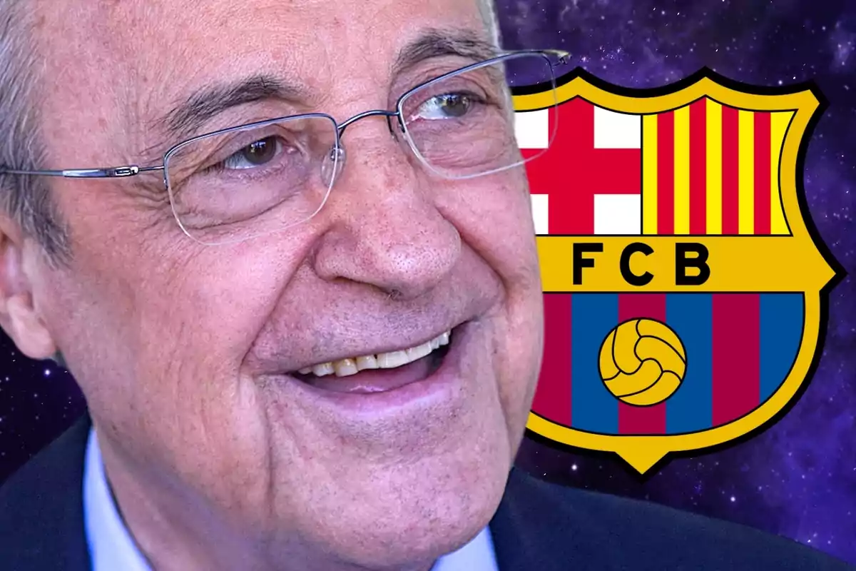 Florentino Pérez en primer pla amb un escut del FC Barcelona al fons