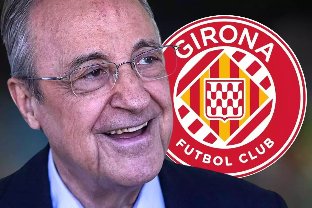 Florentino Pérez amb un gran somriure al costat de l'escut del Girona