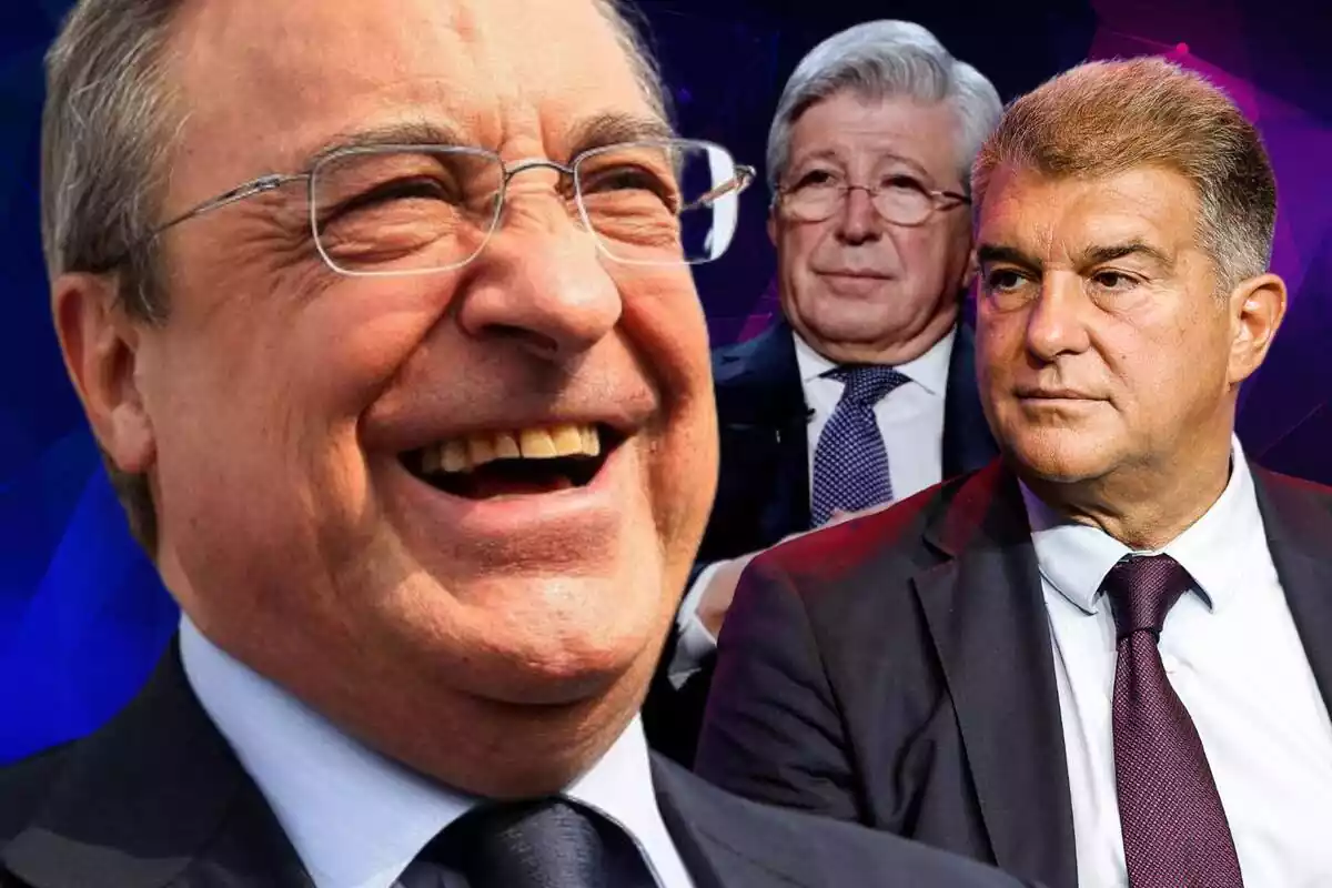 Florentino Pérez amb un gran somriure al costat de Joan Laporta i Enrique Cerezo que el miren