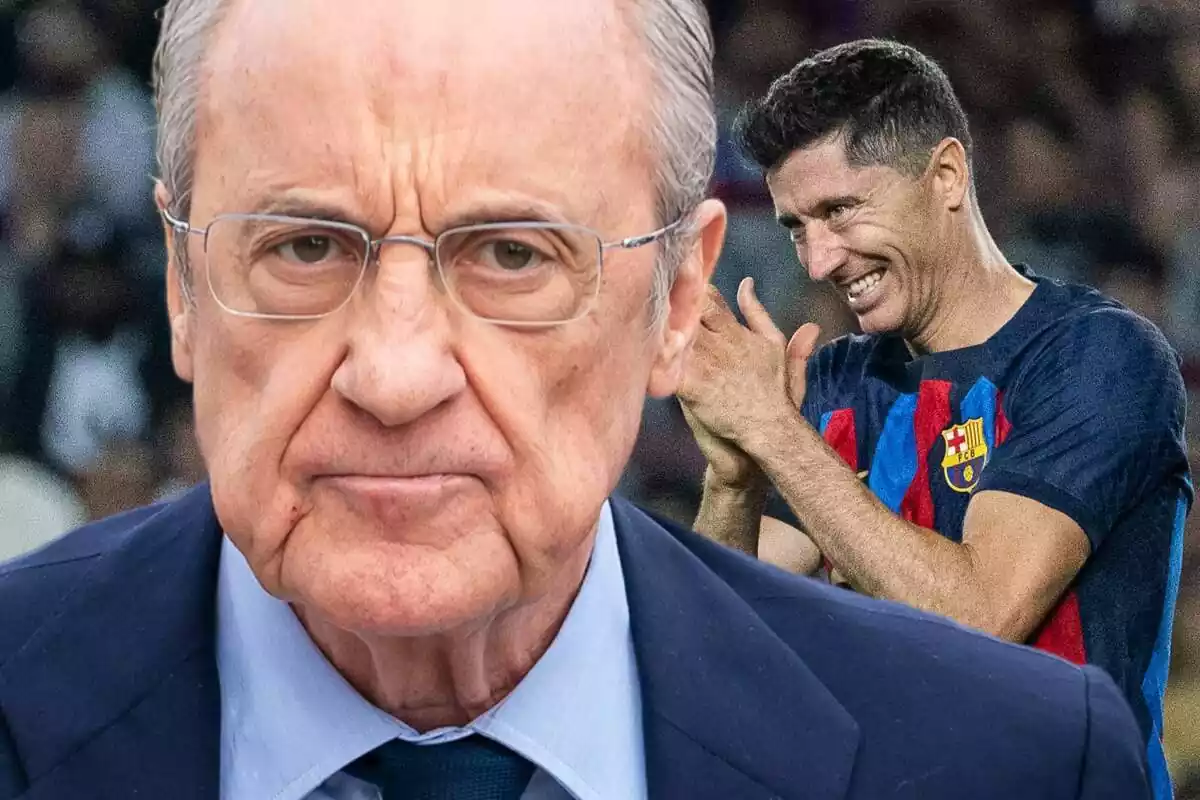 Muntatge de Florentino Pérez enfadat amb Robert Lewandowski aplaudint al seu costat