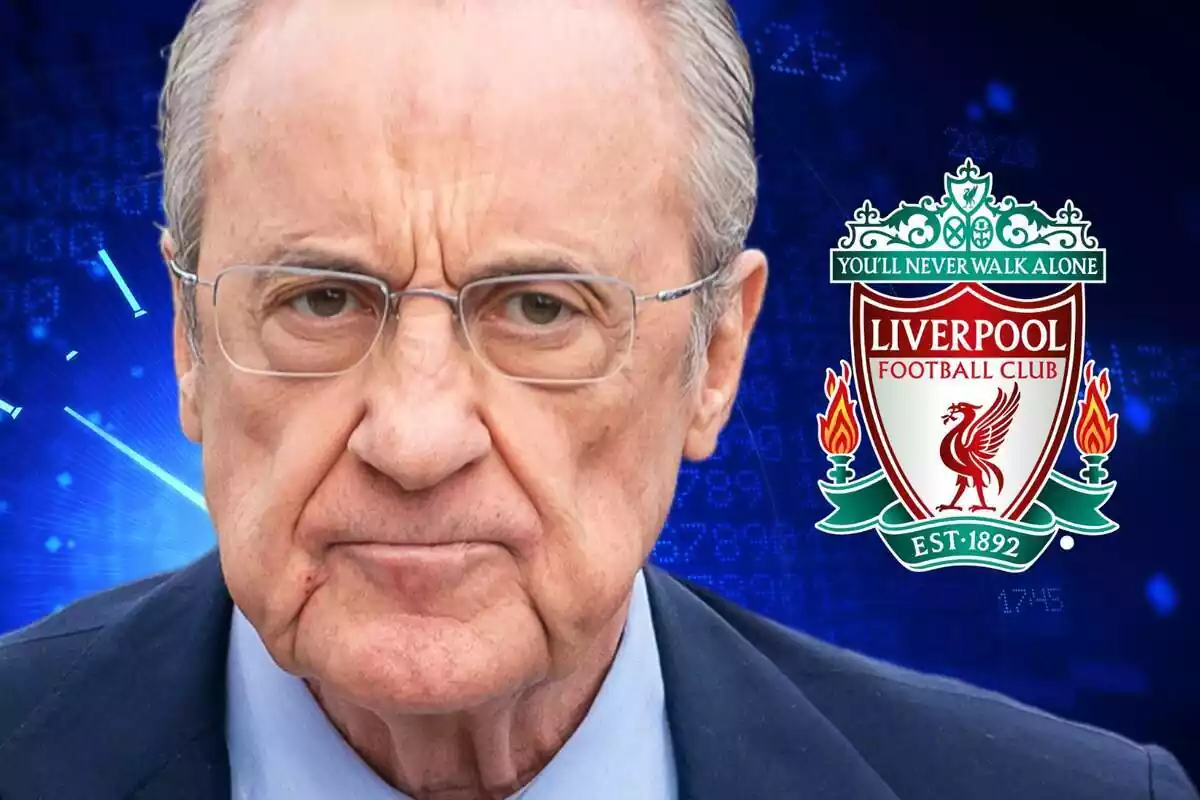 Florentino Pérez al costat de l'escut del Liverpool