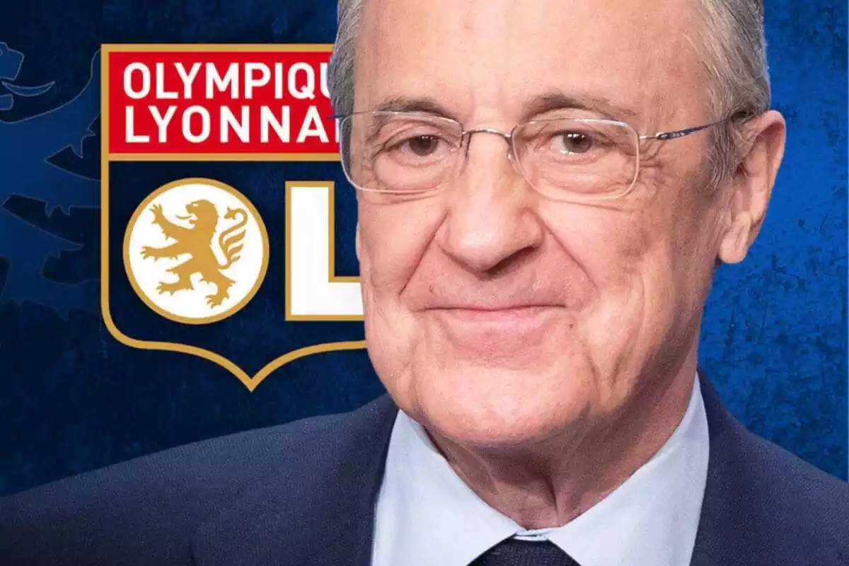 Florentino Pérez al costat d'un fons amb l'escut de l'Olympique de Lió