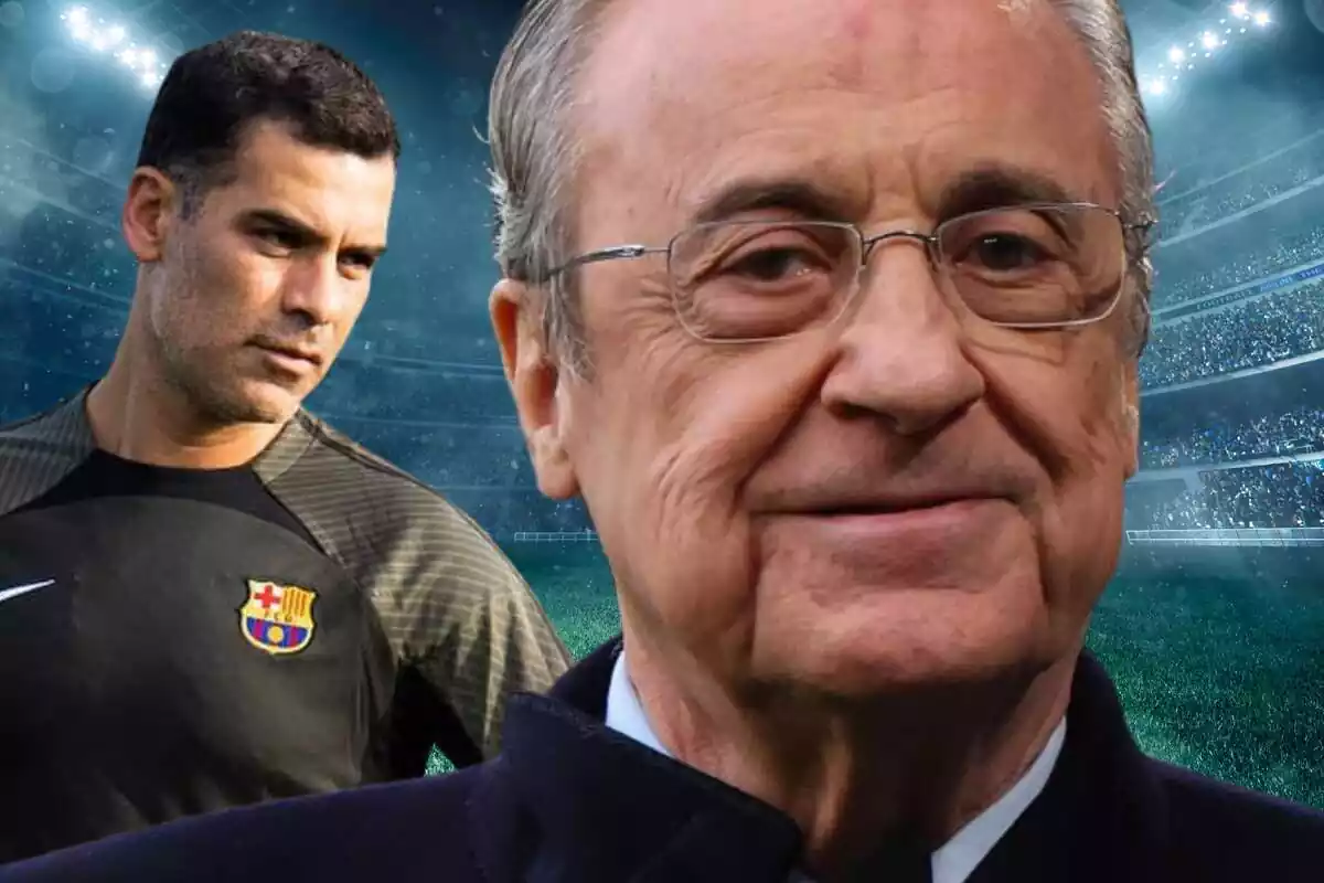 Florentino Pérez i Rafa Márquez al fons sobre un estadi amb boira