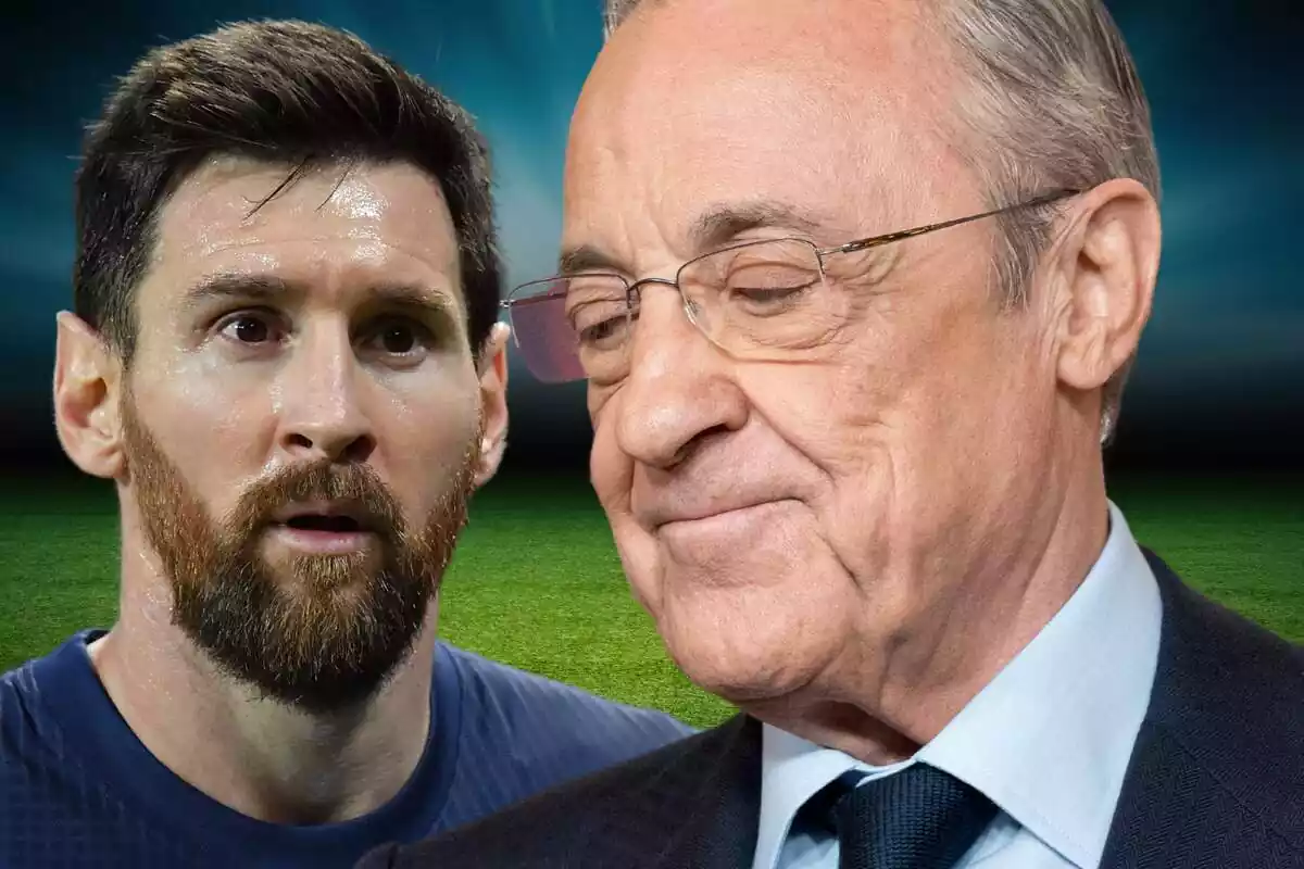 Florentino Pérez mira cap a terra amb Messi sorprès a la part posterior de la imatge