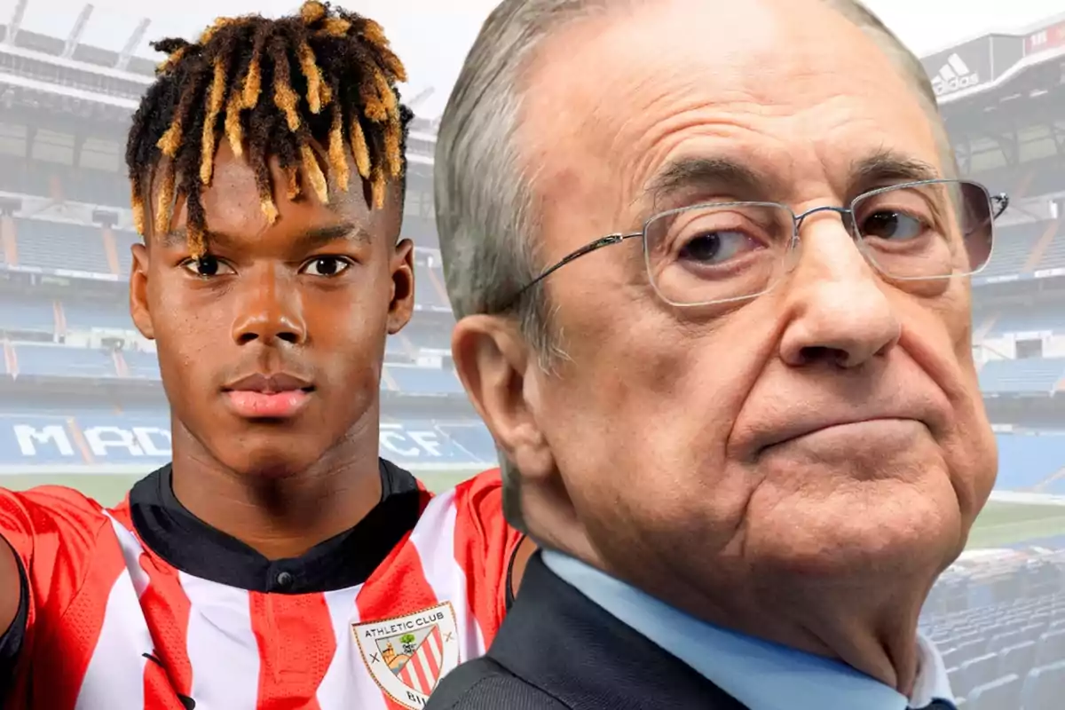 Un jove futbolista amb l’uniforme de l’Athletic Club i un home gran amb ulleres i expressió seriosa en un estadi de futbol