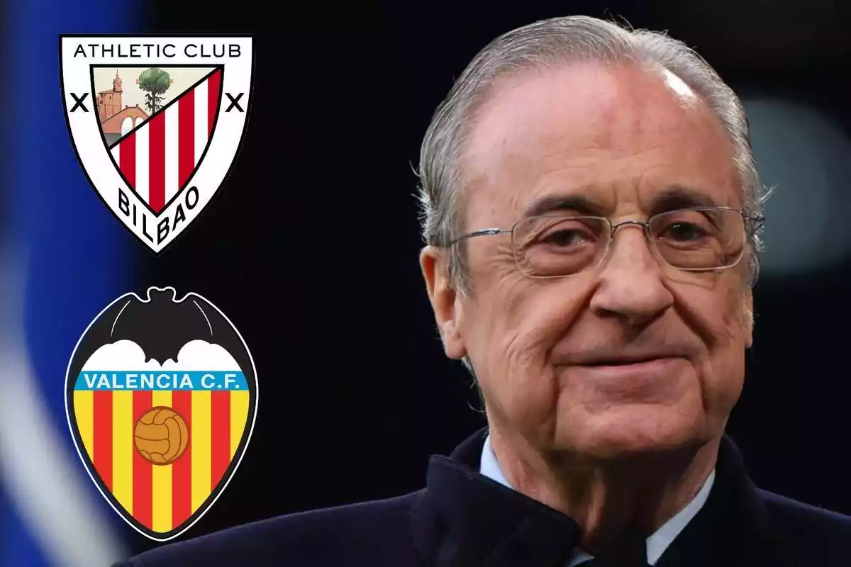 Muntatge de Florentino Pérez somrient mentre mira els escuts de l'Athletic Club i el Valencia CF